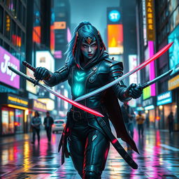 A fierce cyberpunk assassin, dressed in sleek, high-tech armor with neon accents, wielding dual short katanas ready for action