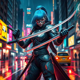 A fierce cyberpunk assassin, dressed in sleek, high-tech armor with neon accents, wielding dual short katanas ready for action