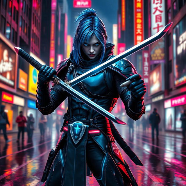 A fierce cyberpunk assassin, dressed in sleek, high-tech armor with neon accents, wielding dual short katanas ready for action