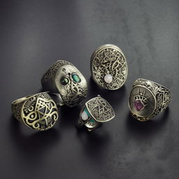 A collection of unique, intricate witch rings, adorned with arcane symbols, different types of stones, and mysterious filigree designs.