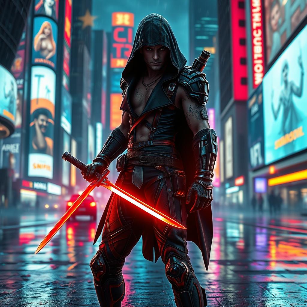 A fierce cyberpunk assassin standing in a neon-lit urban environment, wielding dual swords, ready for action