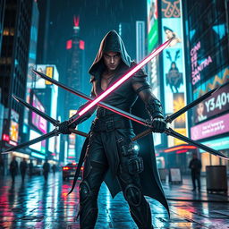 A fierce cyberpunk assassin standing in a neon-lit urban environment, wielding dual swords, ready for action