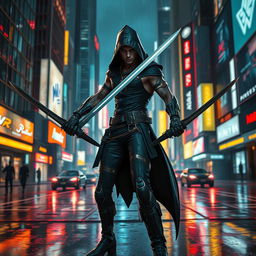 A fierce cyberpunk assassin standing in a neon-lit urban environment, wielding dual swords, ready for action