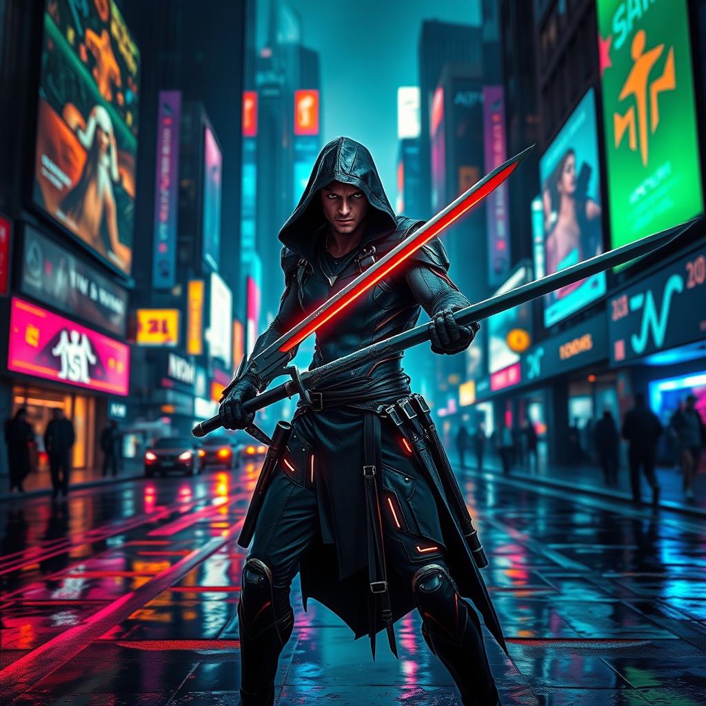 A fierce cyberpunk assassin standing in a neon-lit urban environment, wielding dual swords, ready for action