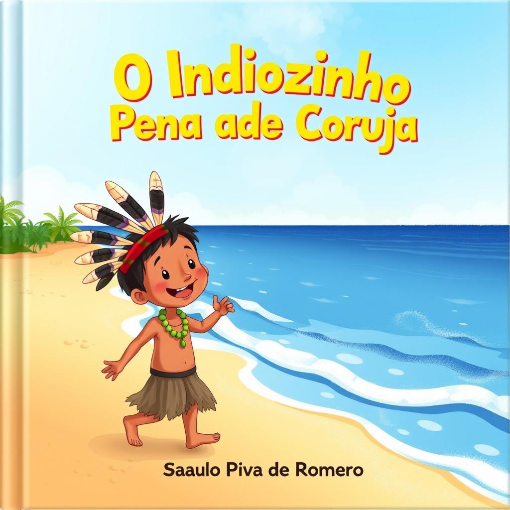 A charming book cover for a children's story titled 'O Indiozinho Pena de Coruja' by Saulo Piva Romero