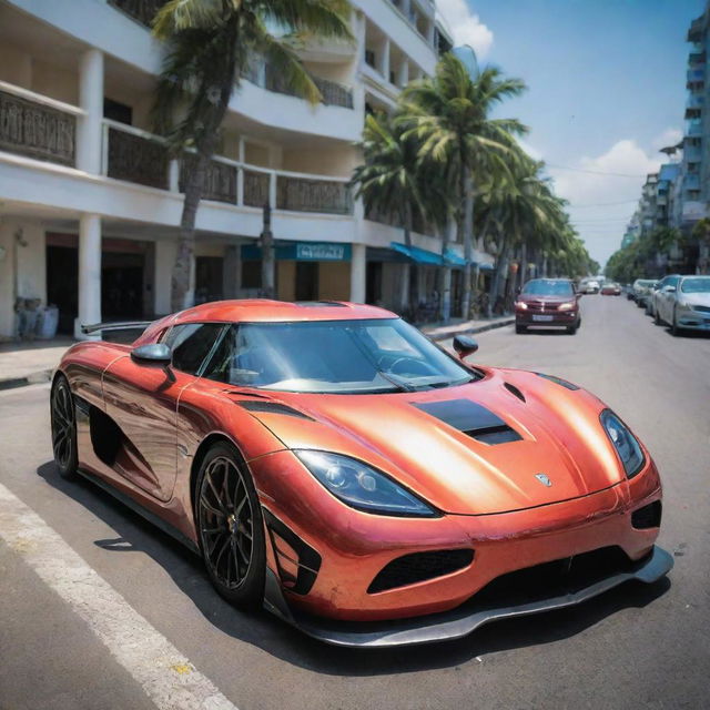 Picture a striking, metallic Koenigsegg Agera R on the vibrant streets of Malé City, Maldives. Show the contrast between the ultra-modern supercar and the traditional Maldivian architectural backdrop under tropical sunshine.