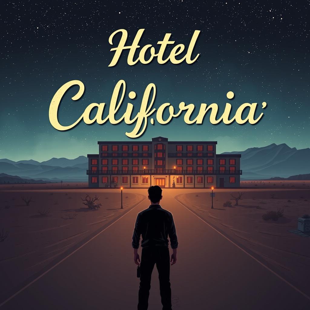 A captivating eBook cover illustration inspired by the essence of the story 'Hotel California'