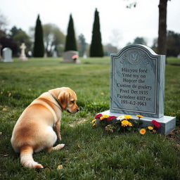 A serene scene featuring a loyal dog sitting beside a tombstone in a peaceful cemetery