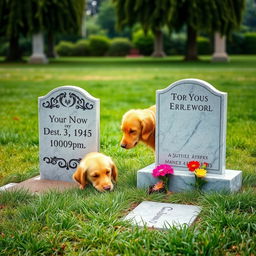 A serene scene featuring a loyal dog sitting beside a tombstone in a peaceful cemetery