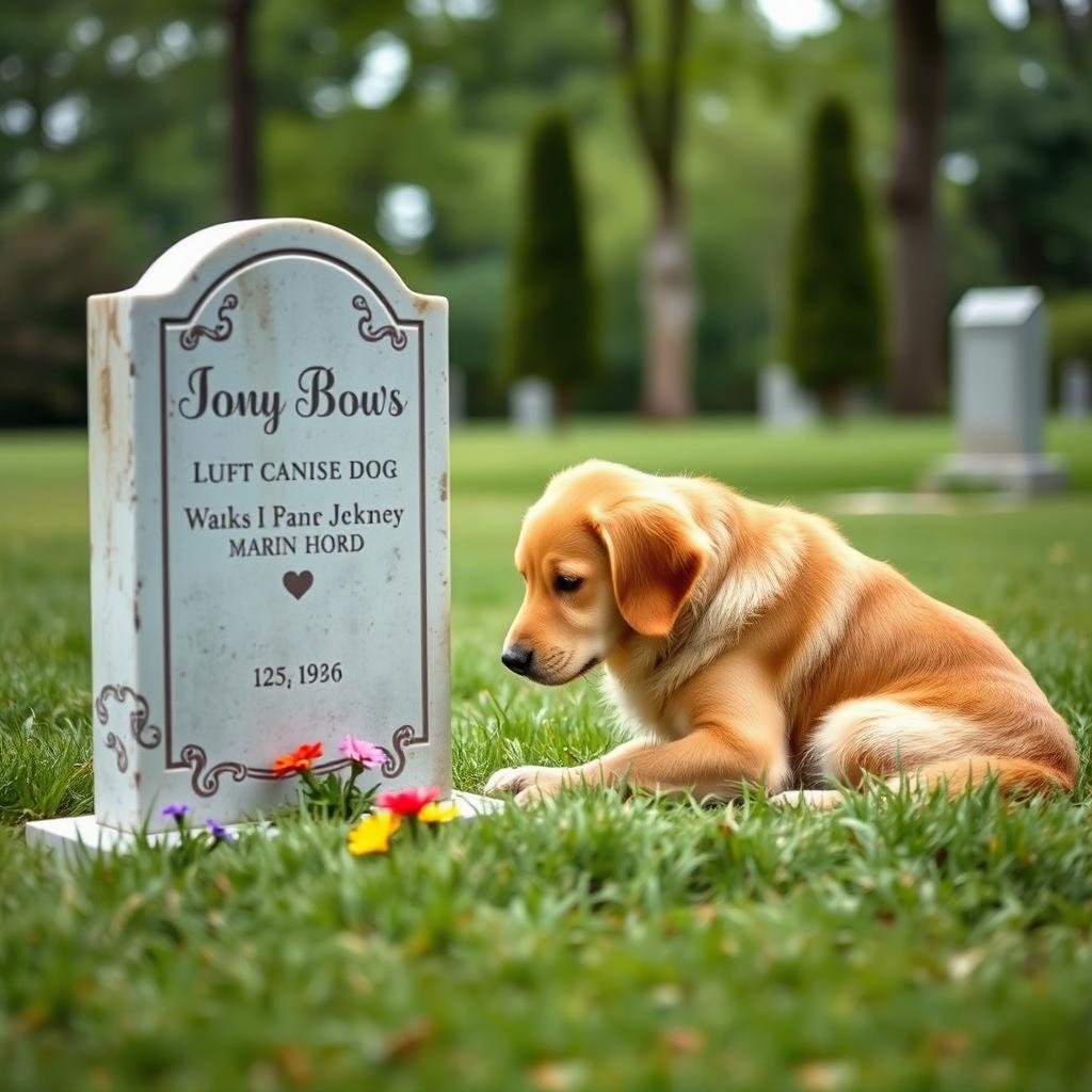 A serene scene featuring a loyal dog sitting beside a tombstone in a peaceful cemetery