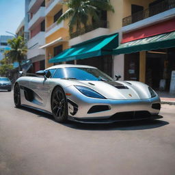 Picture a striking, metallic Koenigsegg Agera R on the vibrant streets of Malé City, Maldives. Show the contrast between the ultra-modern supercar and the traditional Maldivian architectural backdrop under tropical sunshine.