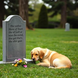 A serene scene featuring a loyal dog sitting beside a tombstone in a peaceful cemetery