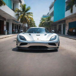 Picture a striking, metallic Koenigsegg Agera R on the vibrant streets of Malé City, Maldives. Show the contrast between the ultra-modern supercar and the traditional Maldivian architectural backdrop under tropical sunshine.