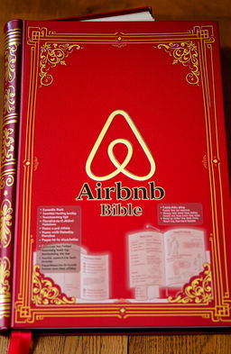 An encyclopedic book designed to resemble a traditional Bible, featuring the distinct Airbnb logo prominently on the cover