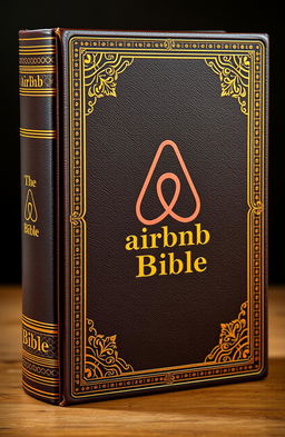 An encyclopedic book designed to resemble a traditional Bible, featuring the distinct Airbnb logo prominently on the cover