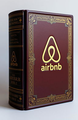 An encyclopedic book designed to resemble a traditional Bible, featuring the distinct Airbnb logo prominently on the cover