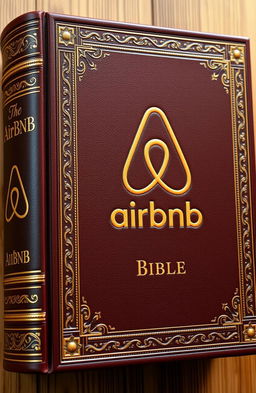 An encyclopedic book designed to resemble a traditional Bible, featuring the distinct Airbnb logo prominently on the cover