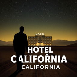 An image capturing the essence of the 'Hotel California' story, featuring a barren desert under a starry sky, augmented by a deserted road stretching into the distance