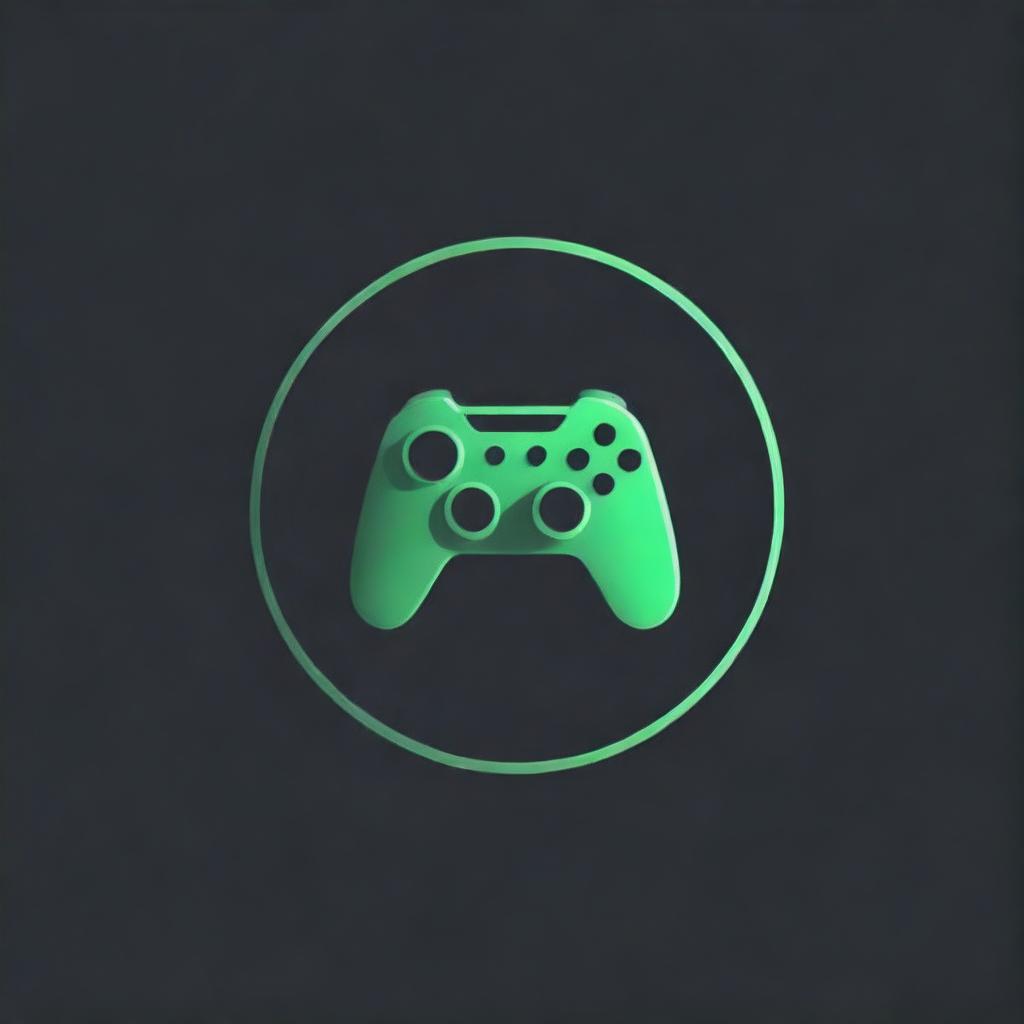 Create a striking gaming logo with a 3D, vibrant green 'V' enclosed in a painted circle, contrasted against a deep black background.