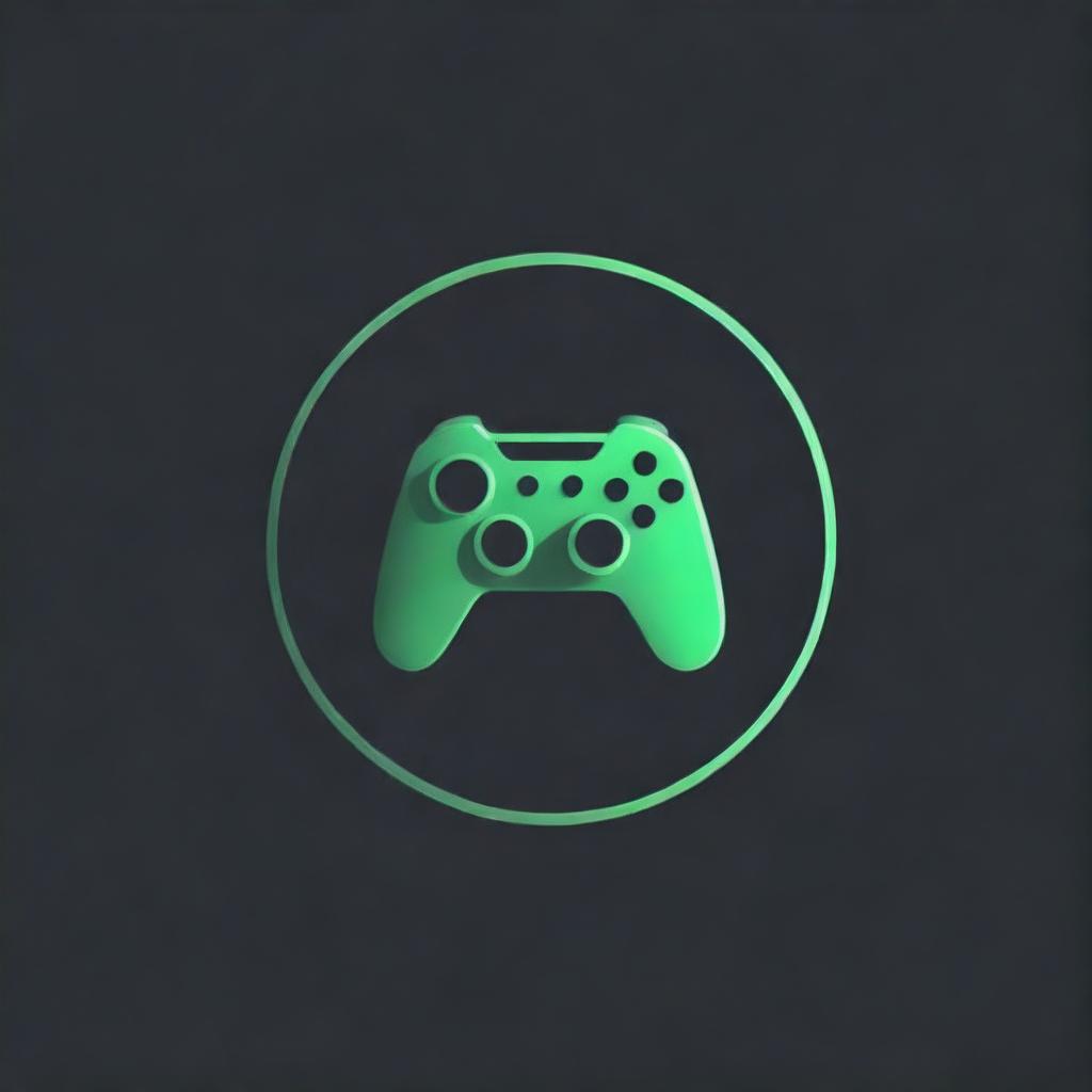 Create a striking gaming logo with a 3D, vibrant green 'V' enclosed in a painted circle, contrasted against a deep black background.