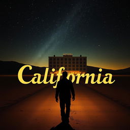 An image capturing the essence of the 'Hotel California' story, featuring a barren desert under a starry sky, augmented by a deserted road stretching into the distance