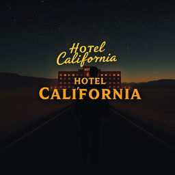 An image capturing the essence of the 'Hotel California' story, featuring a barren desert under a starry sky, augmented by a deserted road stretching into the distance