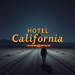 An image capturing the essence of the 'Hotel California' story, featuring a barren desert under a starry sky, augmented by a deserted road stretching into the distance