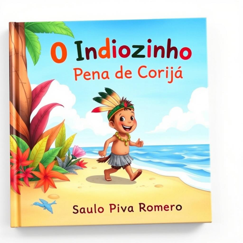 A colorful and whimsical children's book cover featuring a small Native boy, known as Indiozinho, walking happily along a sandy beach