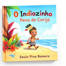 A colorful and whimsical children's book cover featuring a small Native boy, known as Indiozinho, walking happily along a sandy beach