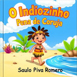 A colorful and whimsical children's book cover featuring a small Native boy, known as Indiozinho, walking happily along a sandy beach