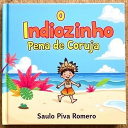 A colorful and whimsical children's book cover featuring a small Native boy, known as Indiozinho, walking happily along a sandy beach