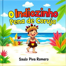 A colorful and whimsical children's book cover featuring a small Native boy, known as Indiozinho, walking happily along a sandy beach