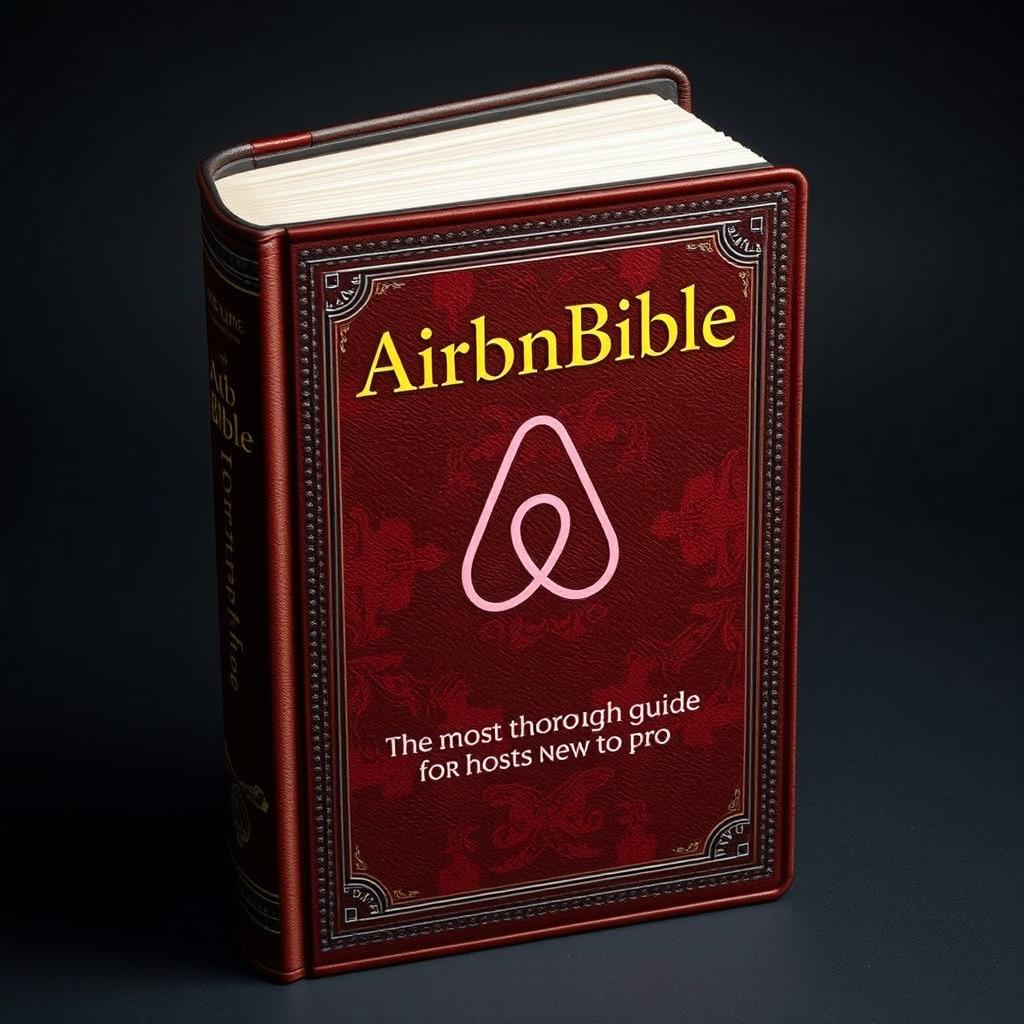 An encyclopedic book titled 'AirBnBible: The most thorough guide for hosts new to pro', designed to resemble a traditional Bible with the Airbnb logo prominently displayed on the cover