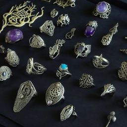 A collection of unique, intricate witch rings, adorned with arcane symbols, different types of stones, and mysterious filigree designs.