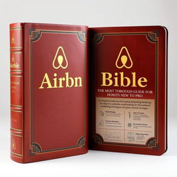 An encyclopedic book titled 'AirBnBible: The most thorough guide for hosts new to pro', designed to resemble a traditional Bible with the Airbnb logo prominently displayed on the cover