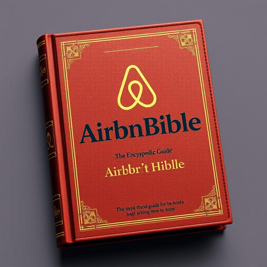 An encyclopedic book titled 'AirBnBible: The most thorough guide for hosts new to pro', meticulously designed to resemble a traditional Bible, featuring the Airbnb logo prominently displayed on the cover