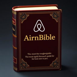 An encyclopedic book titled 'AirBnBible: The most thorough guide for hosts new to pro', meticulously designed to resemble a traditional Bible, featuring the Airbnb logo prominently displayed on the cover