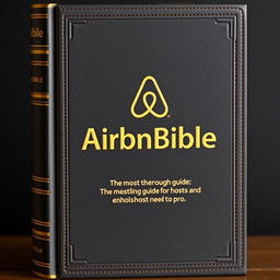 An encyclopedic book titled 'AirBnBible: The most thorough guide for hosts new to pro', meticulously designed to resemble a traditional Bible, featuring the Airbnb logo prominently displayed on the cover