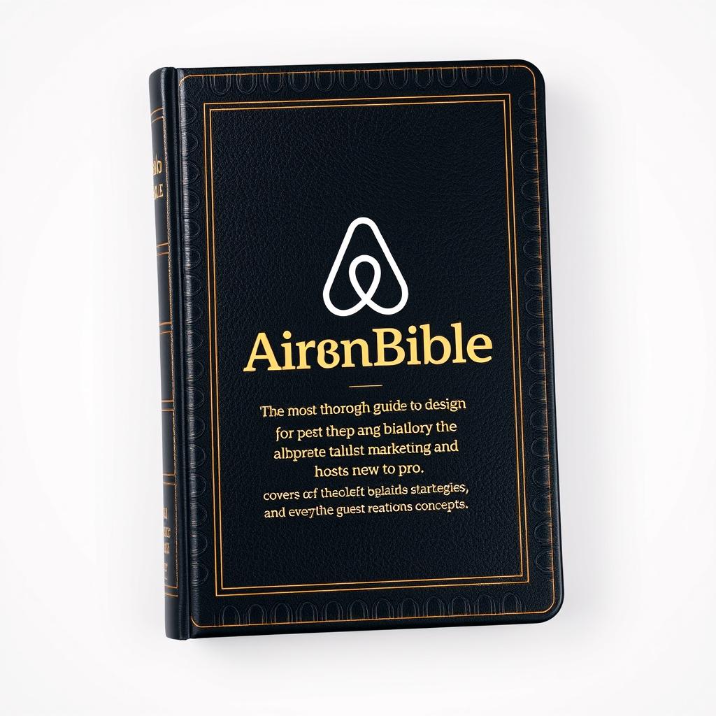 An encyclopedic book titled 'AirBnBible: The most thorough guide for hosts new to pro', meticulously designed to resemble a traditional Bible, featuring the Airbnb logo prominently displayed on the cover