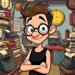 A cartoon male writer in the distinctive style of Cuphead, featuring exaggerated facial expressions and vibrant colors