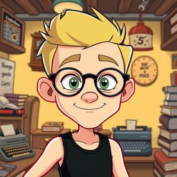 A cartoon male writer in the distinctive style of Cuphead, featuring exaggerated facial expressions and vibrant colors