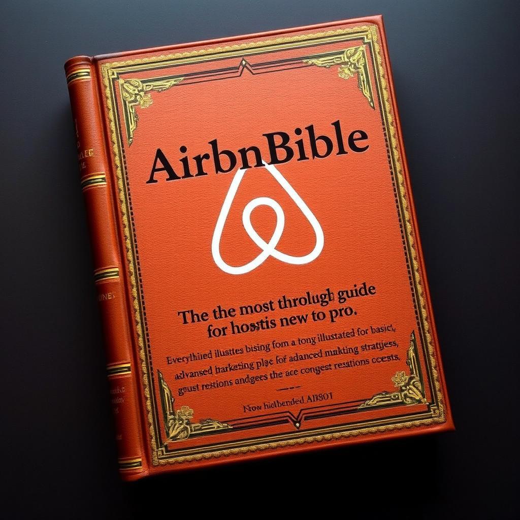 An encyclopedic book titled 'AirBnBible: The most thorough guide for hosts new to pro', uniquely designed to resemble a traditional Bible