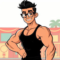 A retro Cuphead style illustration featuring a muscular Brazilian male, confidently posing