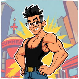 A retro Cuphead style illustration featuring a muscular Brazilian male, confidently posing