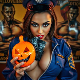 A stunning close-up of a gorgeous female brunette in a half-unzipped blue police costume, showcasing her large chest and alluring cleavage