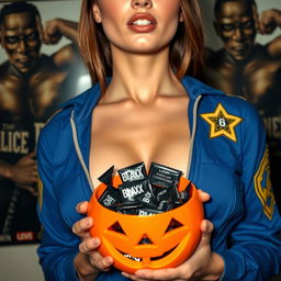 A close-up shot of a gorgeous female in a partially unzipped blue police costume, showcasing her large chest and attractive cleavage