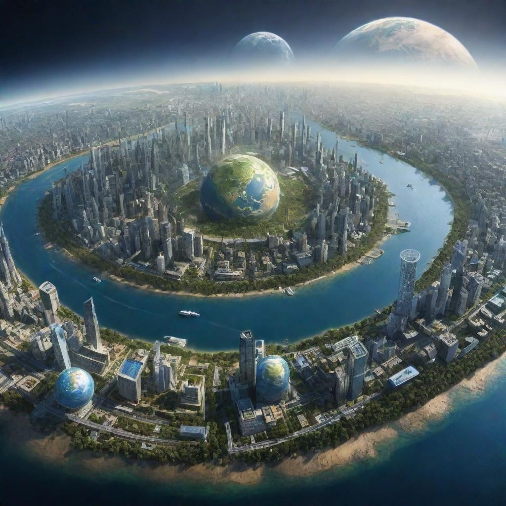 Earth in the year 5022, displaying futuristic landscapes, advanced cities, and changes in climate and geography