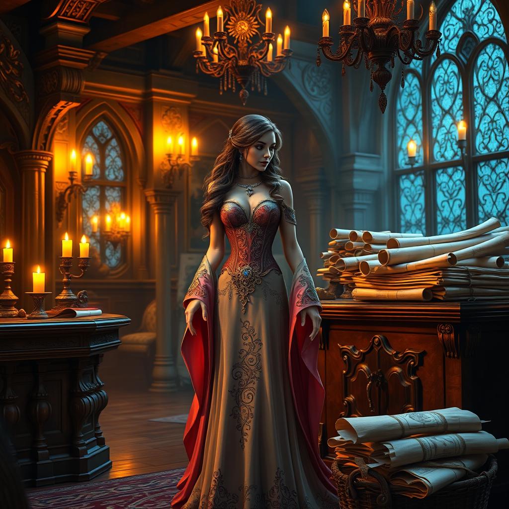 An enchanting Dungeons & Dragons-style scene of a luxurious reception area where a beautiful receptionist, styled as a courtesan, interacts charmfully with guests