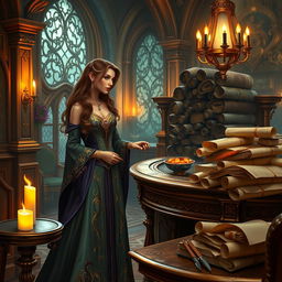 An enchanting Dungeons & Dragons-style scene of a luxurious reception area where a beautiful receptionist, styled as a courtesan, interacts charmfully with guests