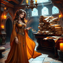 An enchanting Dungeons & Dragons-style scene of a luxurious reception area where a beautiful receptionist, styled as a courtesan, interacts charmfully with guests